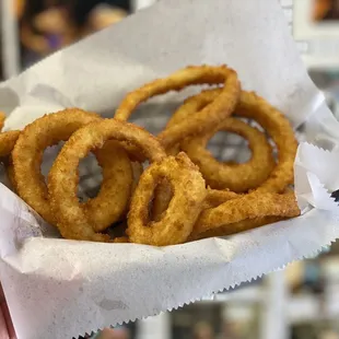 a basket of onion rings