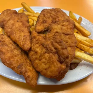 Chicken tender platter with fries and old bay seasoning.