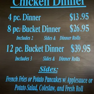 Chicken Dinners menu
