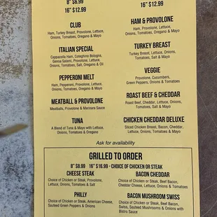 Sub Sandwich Menu