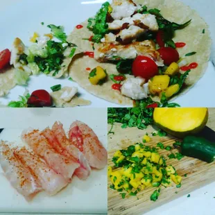Using Peter's fresh cilantro, mango, lime, and jalapeño with lettuce, tomato and onion for grouper tacos.