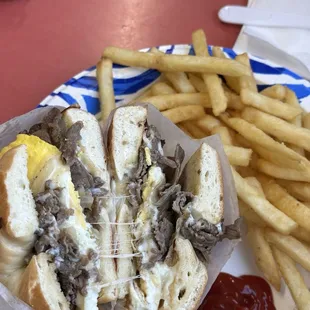 Steak, egg and cheese bagel