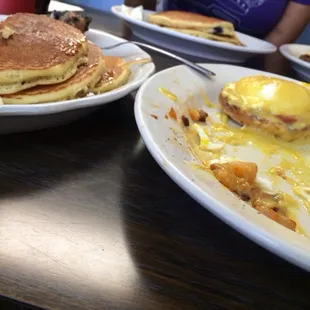 Banana pancakes and eggs Benedict