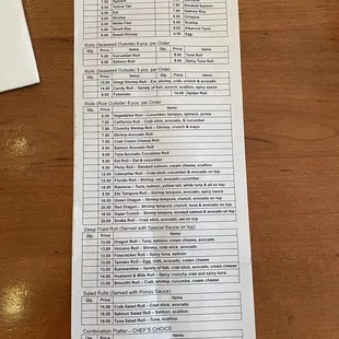 Sushi menu