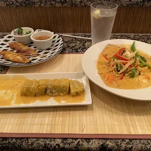 Chicken Satay (3 pc), Volcano Roll, and Red Curry with shrimp &amp; noodles