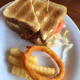 BLT and complimentary fries and onion ring, love It!