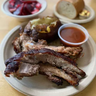 3 Piece Rib Plate, sauce on the side w/ baked potato, beet salad, French baguette | $17 (Cash only!)