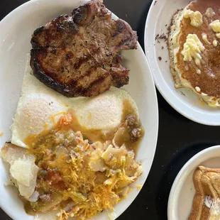 Grilled pork chop and two eggs