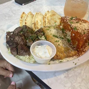 Triple combo, beef souvlaki, tyropita and pastitsio