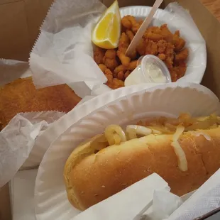 Sausage roll knish and clam strips