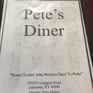 a menu for pete's diner