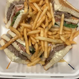 Cheeseburger club with fries