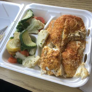 Grilled Haddock lunch special with two sides. Choice of rice, salad, mashed potatoes or steamed veggies.