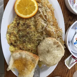 Meat lovers omelette, home fries and those delicious biscuits