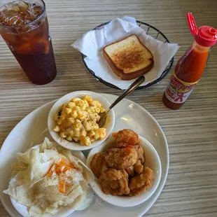 Sweet tea w/lemon, Texas Toast, Texas Pete, Mac &amp; Cheese, Fried Squash &amp; Boil &apos;dem Cabbage Down. I need a Tum&apos;s...thanks Pete&apos;s.