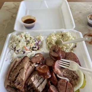 Delicious two meat BBQ plate. The service is friendly and relax. A real hidden gem to enjoy brisket...