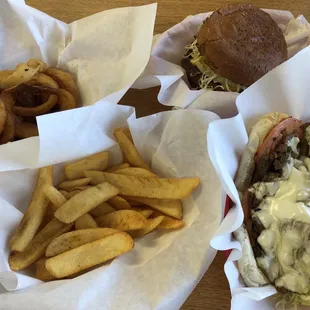Burger, steak hoagie, fries and onion rings