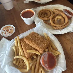 Fish and Chips Combo with Onion Rings + Extra red sauce