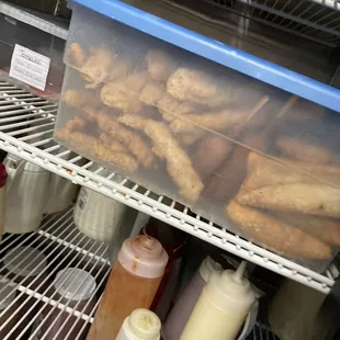 Burritos, Corndogs, Chicken, and Fish. All put in the fridge and will be recooked the fallowing day.