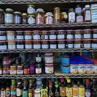 Lots of delicious condiments, sauces and jams