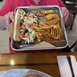 Philly cheesesteak club and waffle fries