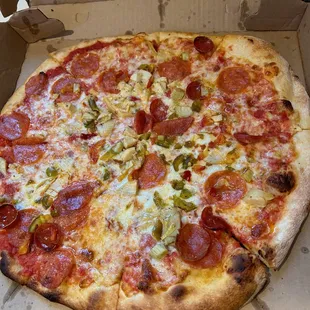 Make your own: pepperoni, artichoke heart, and jalapeños