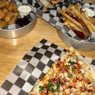 Macaroni &amp; cheese bites, fries, buffalo chicken pizza