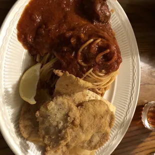 Lamb fries, spaghetti, meatball and ravioli.