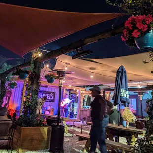the outdoor seating area at night