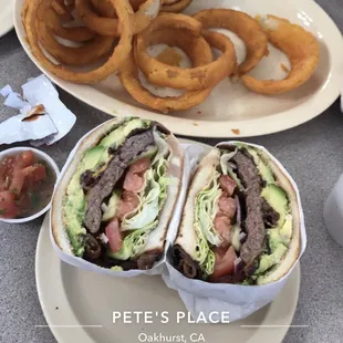 Pete&apos;s Best Burger &amp; onion rings.