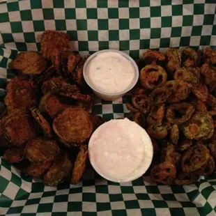 Fried pickles west, ranch north, fried jalapeños east, bleu cheese south
