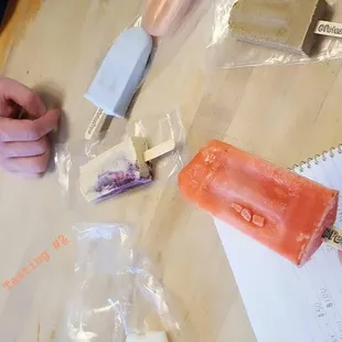 Popsicle tasting for our wedding! Lime, blueberry cinnamon toast crunch, blue moon, grapefruit, coffee&amp;donuts, strawberry lemonade