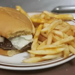a hamburger and french fries