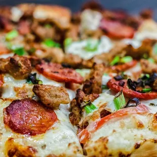 a closeup of a pizza