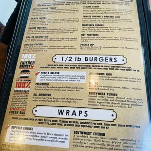 Menu, sandwiches, burgers, and wraps.