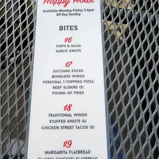 Happy hour food M-F till 6pm all day Sunday