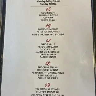 Happy hour menu October 2023