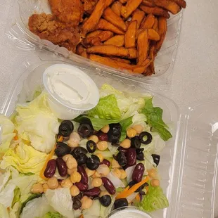 a salad and fries