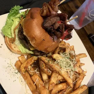 Brew house burger and garlic fries