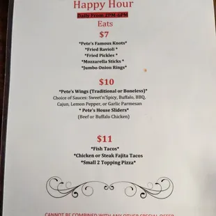 Happy hour eats menu