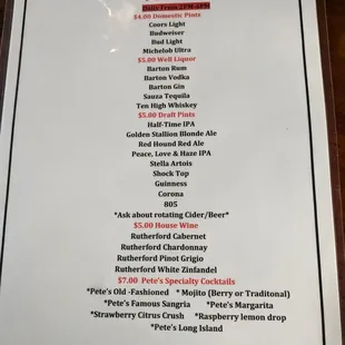 Happy hour drinks menu