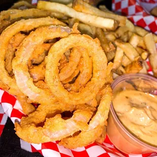 Onion rings &amp; fries. The sauce that came with the fries was wow. I wish I knew what it was haha