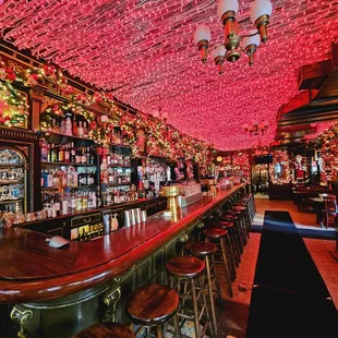 Pete's bar is decorated for the holidays.