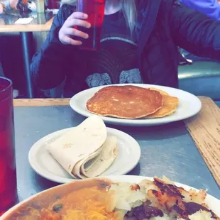 Huevos rancheros and pancakes!