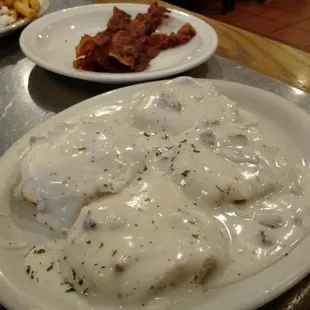 Biscuits and gravy and bacon.