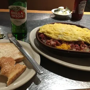 Late night corned beef hash and Stella Artois