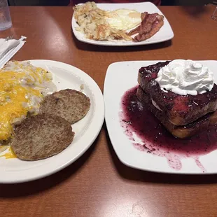 Country style hash browns, sausage patties. Berry &amp; Cream French Toast. And their All American Breakfast.