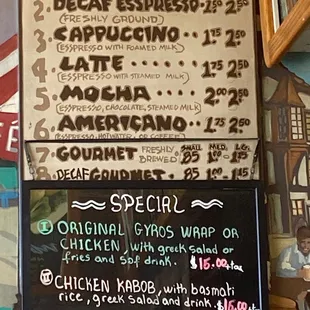 Coffee menu and specials