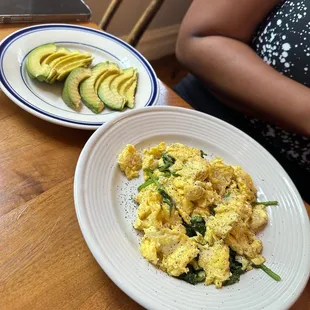 Scrambled Eggs w spinach. Side of Avocado