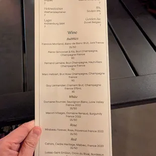 Menu for wine